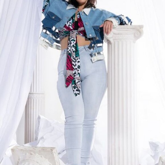 PLUS AZALEA WANG CAGED PANELED DENIM JACKET - Picture 6 of 9